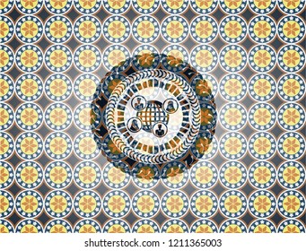 social network icon inside arabic emblem background. Arabesque decoration.