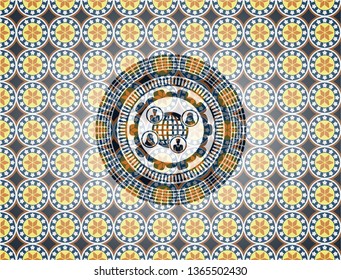 social network icon inside arabic badge background. Arabesque decoration.