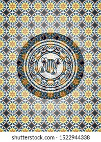 social network icon inside arabic badge background. Arabesque decoration.