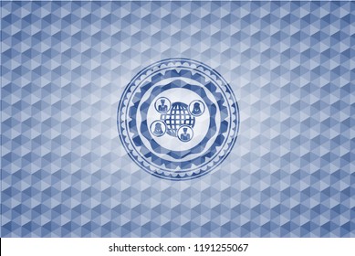 social network icon inside blue polygonal emblem.