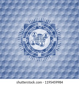 social network icon inside blue emblem or badge with abstract geometric pattern background.