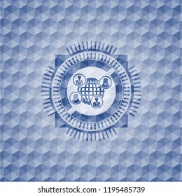 social network icon inside blue badge with geometric pattern.