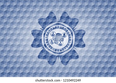 social network icon inside blue badge with geometric background.