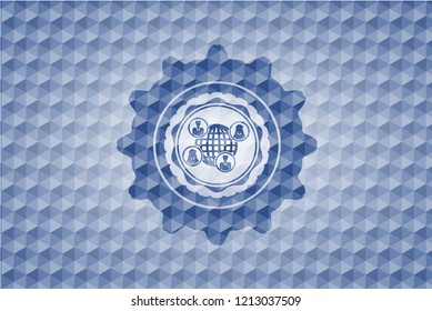 social network icon inside blue hexagon badge.