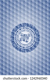 social network icon inside blue emblem with geometric pattern background.