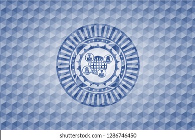 social network icon inside blue emblem or badge with abstract geometric polygonal pattern background.