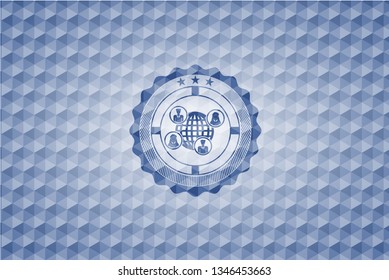 social network icon inside blue hexagon badge.
