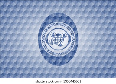 social network icon inside blue emblem or badge with geometric pattern background.