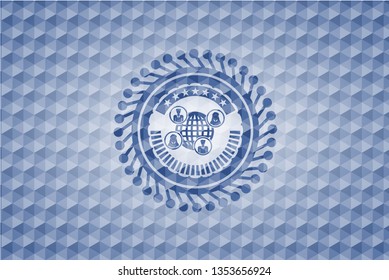 social network icon inside blue emblem with geometric pattern background.