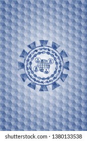 social network icon inside blue emblem or badge with geometric pattern background.