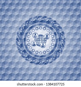 social network icon inside blue emblem or badge with abstract geometric polygonal pattern background.