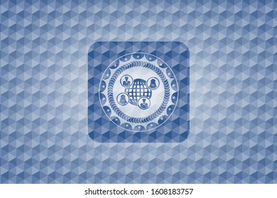 social network icon inside blue emblem or badge with geometric pattern background.