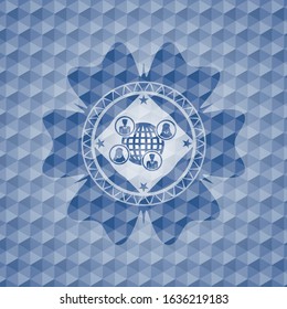 social network icon inside blue emblem with geometric background.