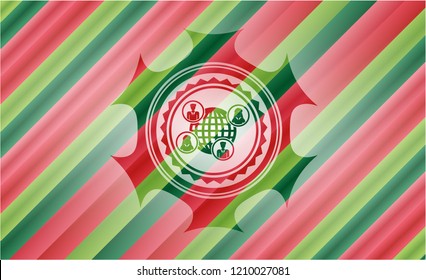 social network icon inside christmas colors badge.