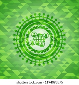 social network icon inside green emblem. Mosaic background