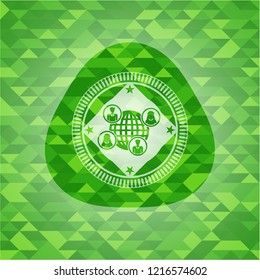 social network icon inside green emblem with mosaic ecological style background