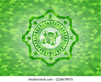 social network icon inside green emblem with triangle mosaic background