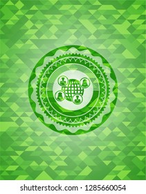 social network icon inside green emblem with mosaic background