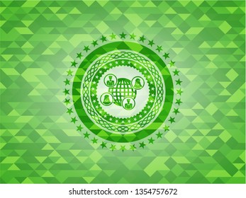social network icon inside green emblem with mosaic ecological style background