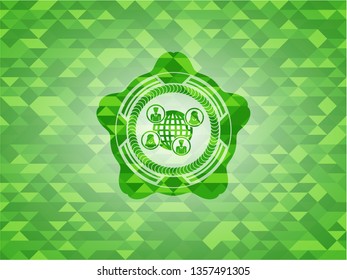 social network icon inside green emblem with mosaic background