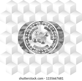 social network icon inside grey badge with geometric cube white background