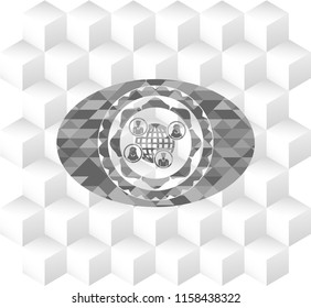 social network icon inside grey badge with geometric cube white background