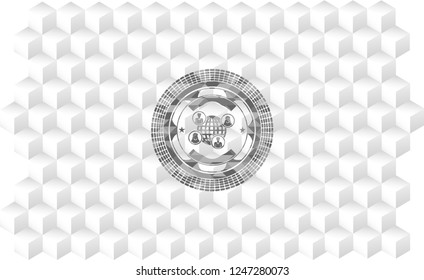 social network icon inside grey badge with geometric cube white background