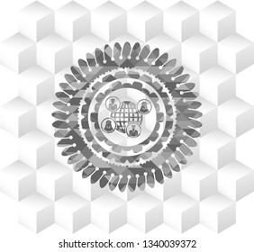 social network icon inside grey badge with geometric cube white background