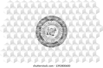 social network icon inside grey emblem with geometric cube white background