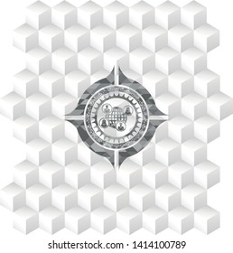 social network icon inside grey emblem with geometric cube white background