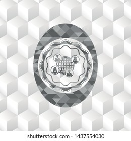 social network icon inside grey badge with geometric cube white background