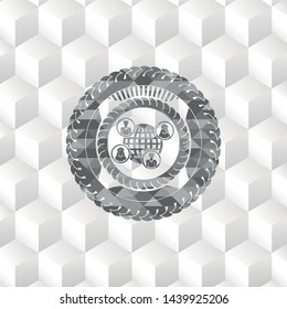 social network icon inside grey icon or emblem with geometric cube white background