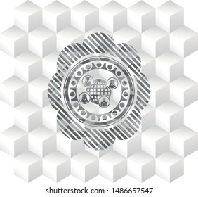 social network icon inside grey icon or emblem with geometric cube white background