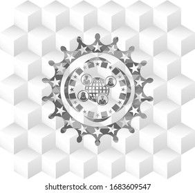social network icon inside grey emblem with geometric cube white background