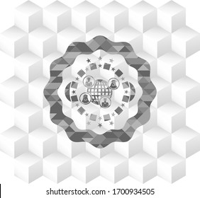 social network icon inside grey emblem with geometric cube white background