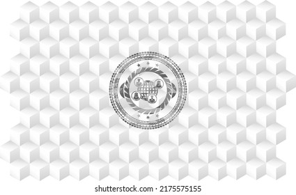 social network icon inside grey emblem with geometric cube white background. 