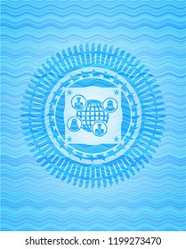 social network icon inside light blue water style emblem.