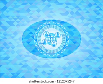 social network icon inside light blue emblem. Mosaic background