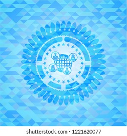 social network icon inside light blue emblem with mosaic background