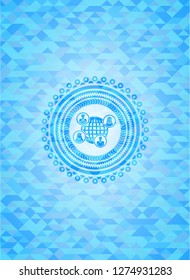 social network icon inside light blue emblem. Mosaic background