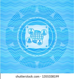 social network icon inside light blue water wave emblem background.