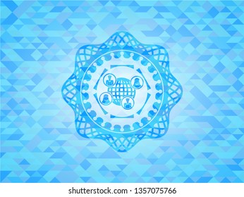 social network icon inside light blue emblem with triangle mosaic background