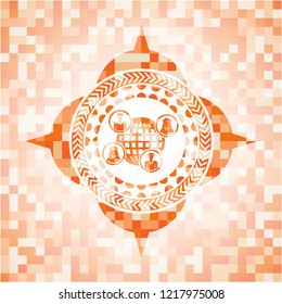social network icon inside orange mosaic emblem with background