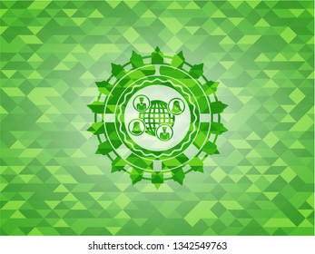 social network icon inside realistic green emblem. Mosaic background