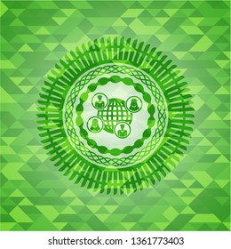 social network icon inside realistic green emblem. Mosaic background