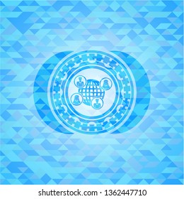 social network icon inside realistic light blue emblem. Mosaic background