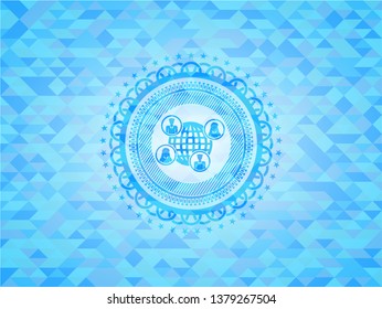 social network icon inside realistic sky blue emblem. Mosaic background
