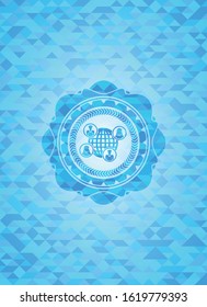 social network icon inside realistic light blue emblem. Mosaic background