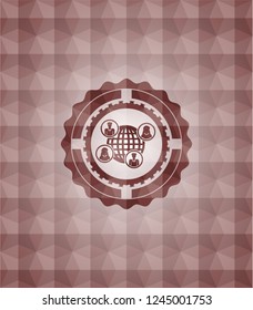 social network icon inside red emblem or badge with abstract geometric pattern background. Seamless.