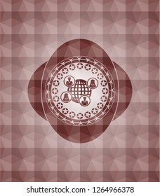 social network icon inside red emblem or badge with abstract geometric pattern background. Seamless.